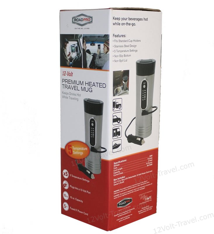  RoadPro RP0719 12-Volt 15oz. Premium Heated Travel Mug, Silver,  Black : Home & Kitchen